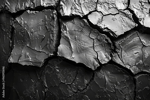 Black and White Rocky Surface Texture with Cracks, High Contrast Monochrome Background