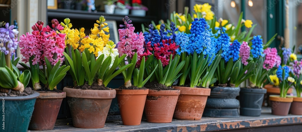 Colorful Hyacinth And Other Flowers In Pots At Entry To Small Flower Shop Colorful Hyacinth And Other Flowers In Pots At Entry To Small Flower Shop