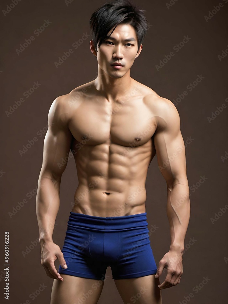Fototapeta premium muscular asian bodybuilder in blue torso.