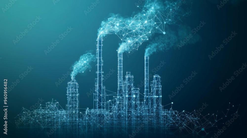 Fototapeta premium Ecological problem low poly art illustration. 3d polygonal factory pipes producing gases. Industrial air pollution concept with connected dots and lines. Environment problem vector wireframe mesh