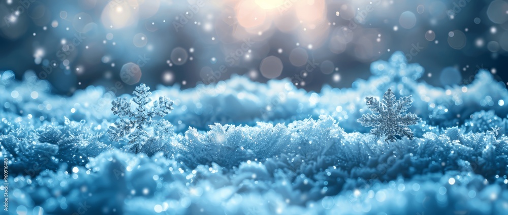 Winter Wonderland with Snowflakes and Bokeh Lights - Blue Snow-Covered Landscape Christmas Card Winter Wonderland with Snowflakes and Bokeh Lights - Blue Snow-Covered Landscape Christmas Card