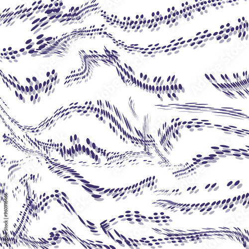 Distorted spots and dots in separate stripes form a texture.