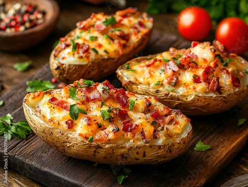 Cheesy Bacon-Topped Baked Potatoes with Fresh Vegetables, Served on a Rustic Wooden Table. Perfect Comfort Food for a Cozy Dinner or Lunch