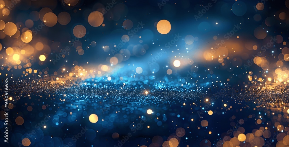 Obraz premium Abstract Blue and Gold Glitter Background with Bokeh Lights and Defocused Particles for Christmas, New Year, Wedding