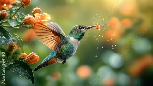 A vibrant hummingbird hovers mid-air, wings spread wide,  its beak plunged into a bright orange flower,  a spray of nectar droplets catching the light. photo