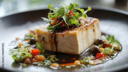 fusion meal that combines Chinese and Mediterranean elements, featuring ingredients like tofu, olives, and herbs, plated in a modern style