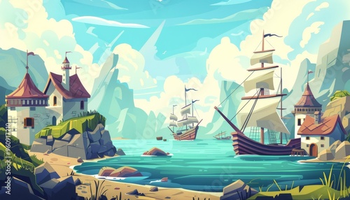 Wallpaper Mural Harbor view. Medieval port. Old world charm. Medieval cityscape overlooking the sea. Quaint coastal town with historic buildings. Cartoon 2d game illustration background. Torontodigital.ca