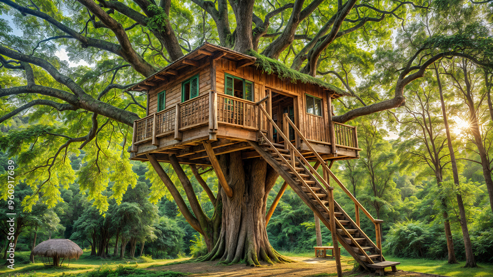 A rustic treehouse nestled in a robust tree with sprawling branches, bathed in warm sunlight, evoking a serene and adventurous ambiance. A rustic treehouse nestled in a robust tree with sprawling branches, bathed in warm sunlight, evoking a serene and adventurous ambiance.