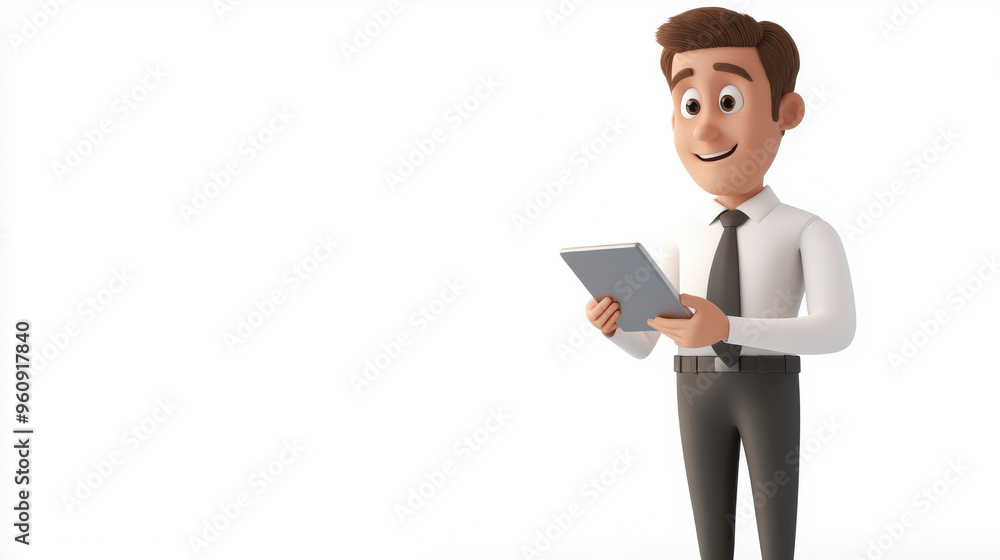 3D cartoon businessman holding a tablet, analyzing data, white background 3D cartoon businessman holding a tablet, analyzing data, white background