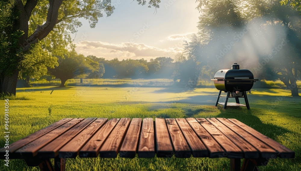 © k - Wooden Table with Grill and Summer Garden Background © k - Wooden Table with Grill and Summer Garden Background