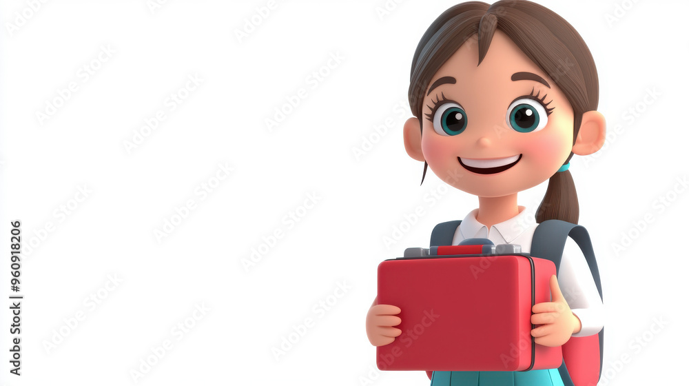 3D cartoon of a cheerful schoolgirl holding a lunchbox, with a white background 3D cartoon of a cheerful schoolgirl holding a lunchbox, with a white background