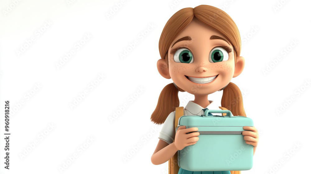 3D cartoon of a cheerful schoolgirl holding a lunchbox, with a white background 3D cartoon of a cheerful schoolgirl holding a lunchbox, with a white background