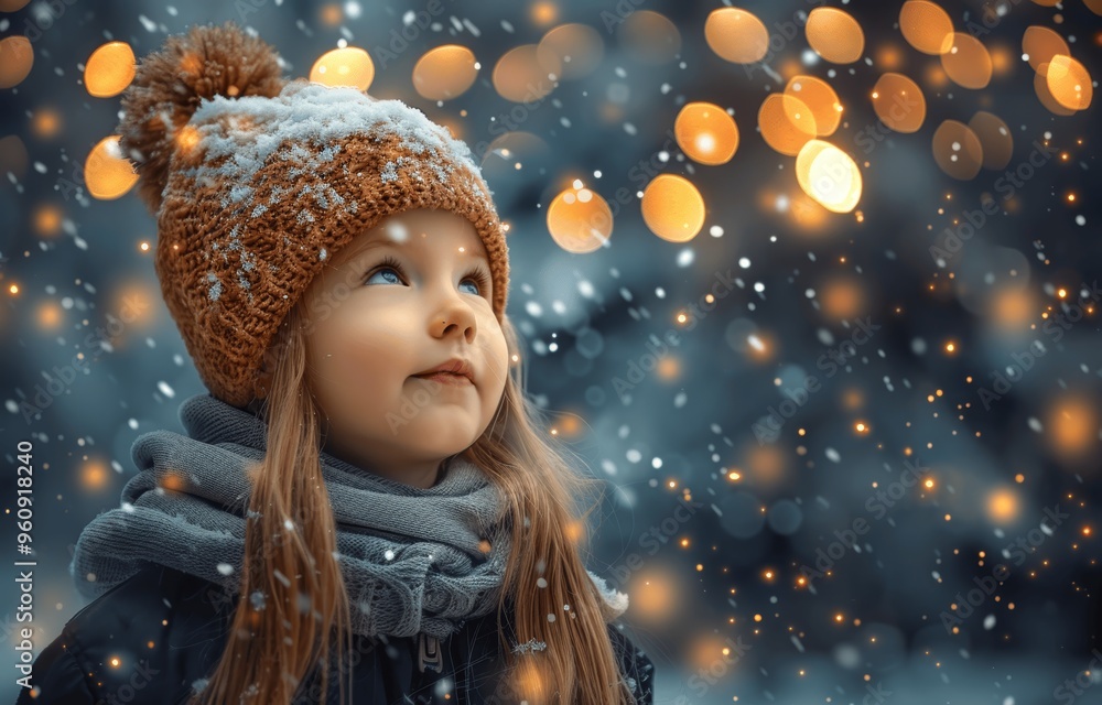 Happy little girl enjoying Christmas lights outdoors in snowfall