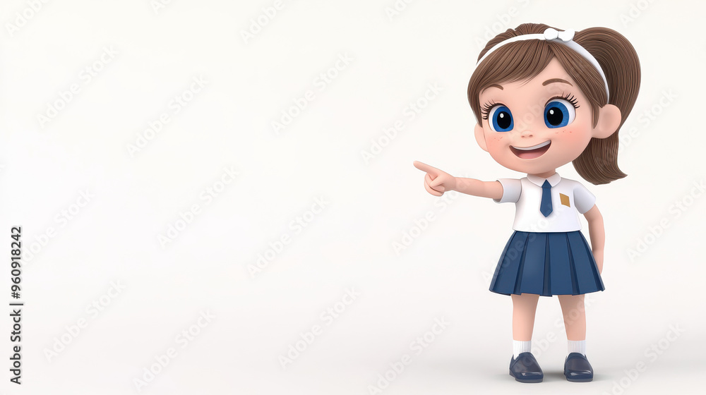3D cartoon of a cute schoolgirl pointing to the side, wearing a headband, on a white 3D cartoon of a cute schoolgirl pointing to the side, wearing a headband, on a white