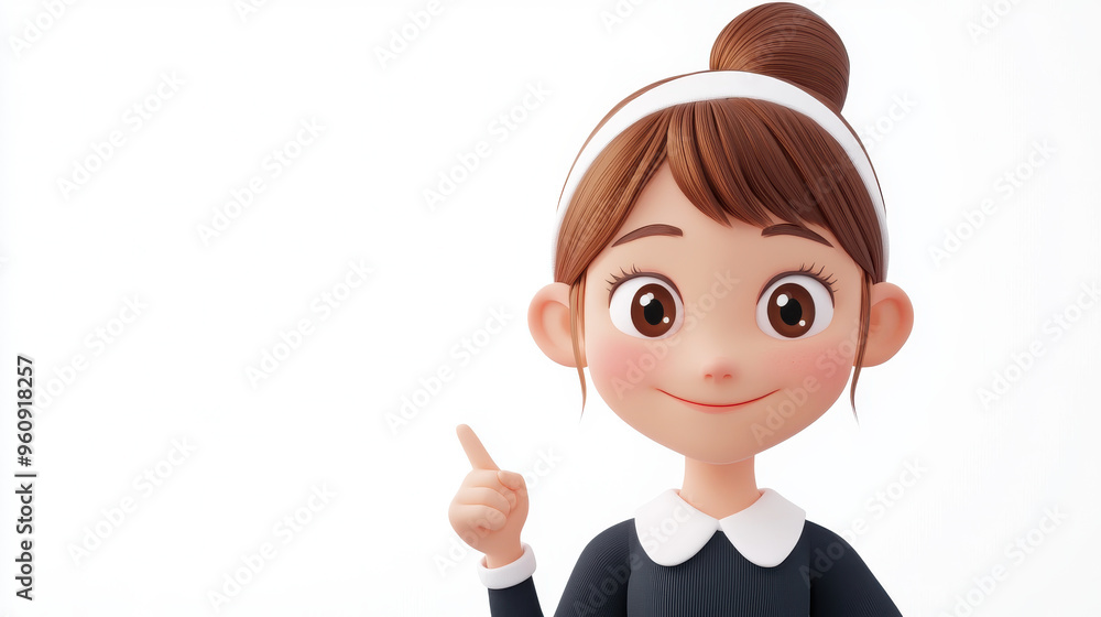 3D cartoon of a cute schoolgirl pointing to the side, wearing a headband, on a white 3D cartoon of a cute schoolgirl pointing to the side, wearing a headband, on a white