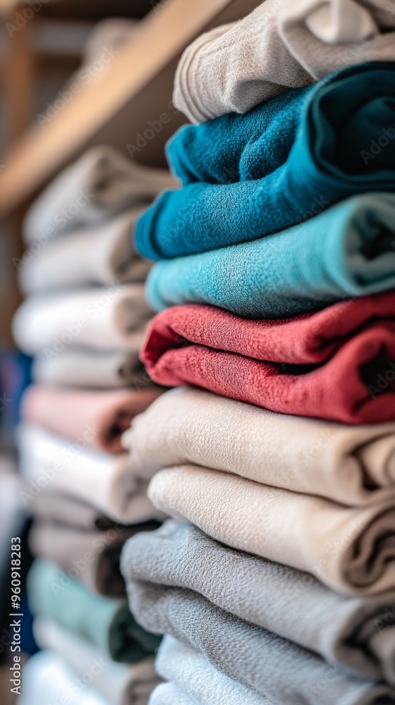 A stack of neatly folded clothes in a laundry scene. Folded clothes in an organizational concept. A stack of neatly folded clothes in a laundry scene. Folded clothes in an organizational concept.