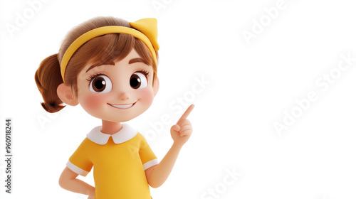3D cartoon of a cute schoolgirl pointing to the side, wearing a headband, on a white