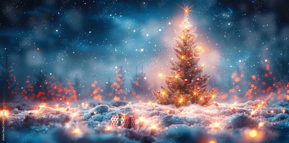 Festive Christmas Tree with Lights and Gifts on Snowy Night in Winter Wonderland Festive Christmas Tree with Lights and Gifts on Snowy Night in Winter Wonderland