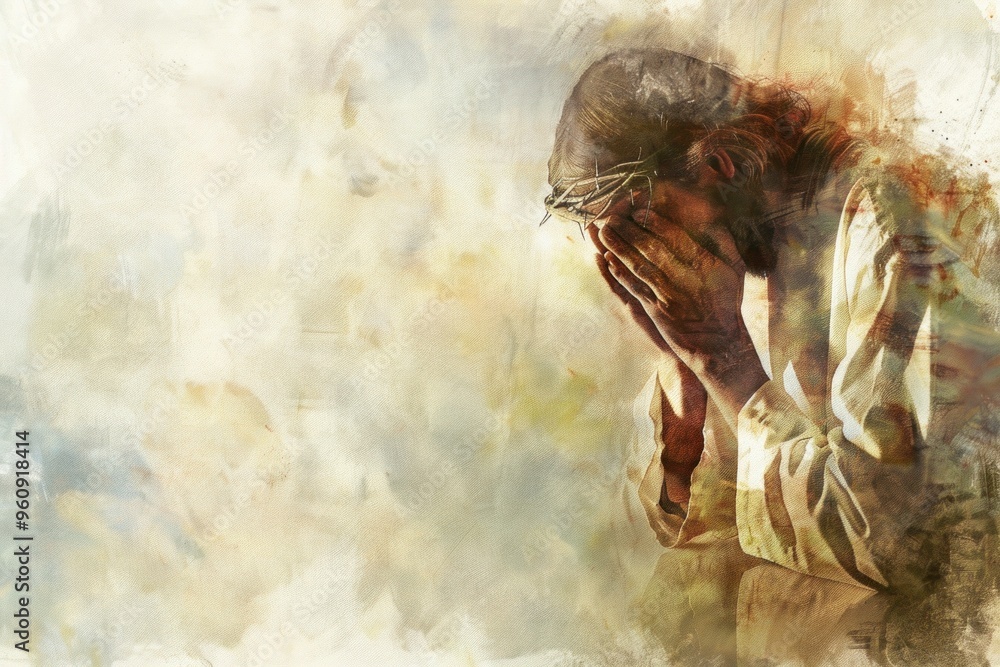 Artistic depiction of Jesus Christ kneeling in prayer, hands clasped, surrounded by a cloudy and abstract background. Artistic depiction of Jesus Christ kneeling in prayer, hands clasped, surrounded by a cloudy and abstract background.