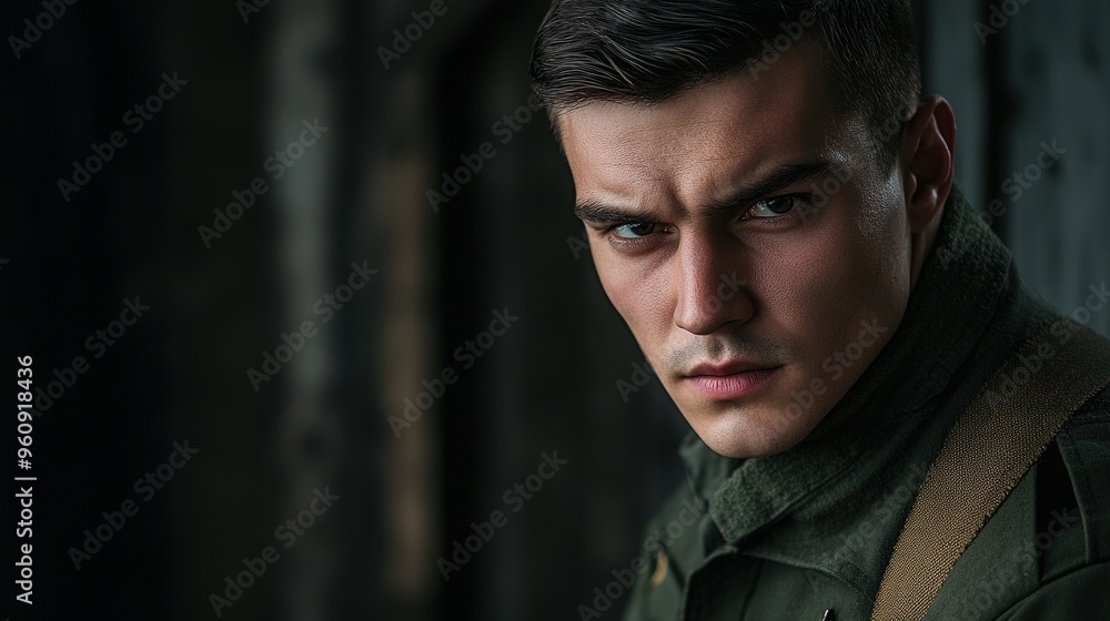 formal portrait of a handsome soldier, looking directly into the camera with intensity, framed by the backdrop of a military setting formal portrait of a handsome soldier, looking directly into the camera with intensity, framed by the backdrop of a military setting