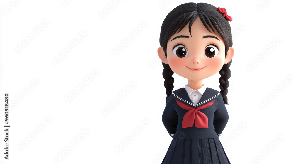 3D cartoon of a schoolgirl wearing a uniform and standing confidently, on a white 3D cartoon of a schoolgirl wearing a uniform and standing confidently, on a white