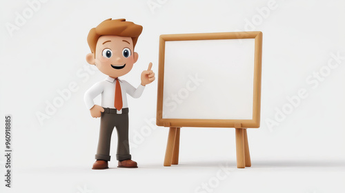 3D illustration of a teacher gesturing towards a whiteboard, with a white background for