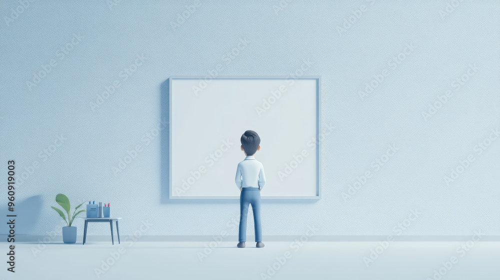 3D illustration of a teacher standing in front of a digital whiteboard, with a clean white 3D illustration of a teacher standing in front of a digital whiteboard, with a clean white