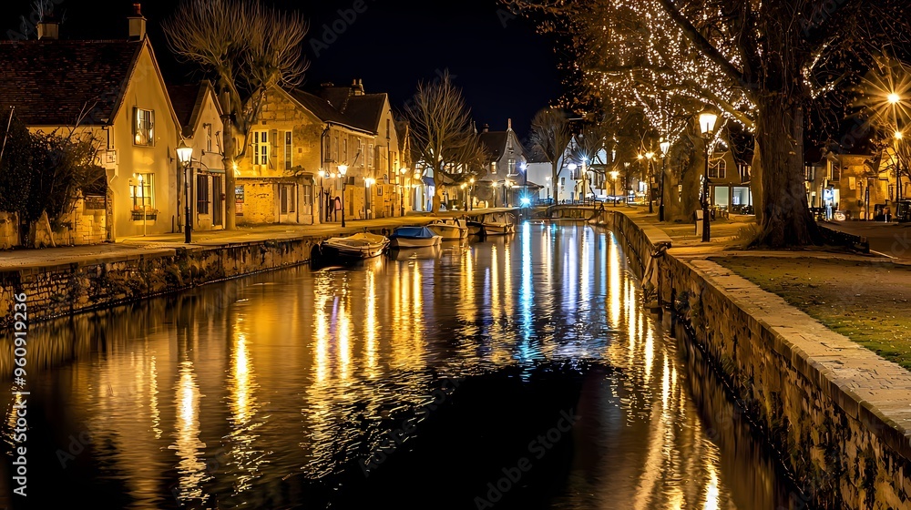 Serene night view of a charming canal with boats and illuminated buildings. Serene night view of a charming canal with boats and illuminated buildings.