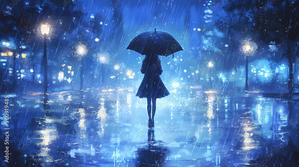 A woman in a black dress stands under an umbrella in a rainy, blue-lit street. A woman in a black dress stands under an umbrella in a rainy, blue-lit street.