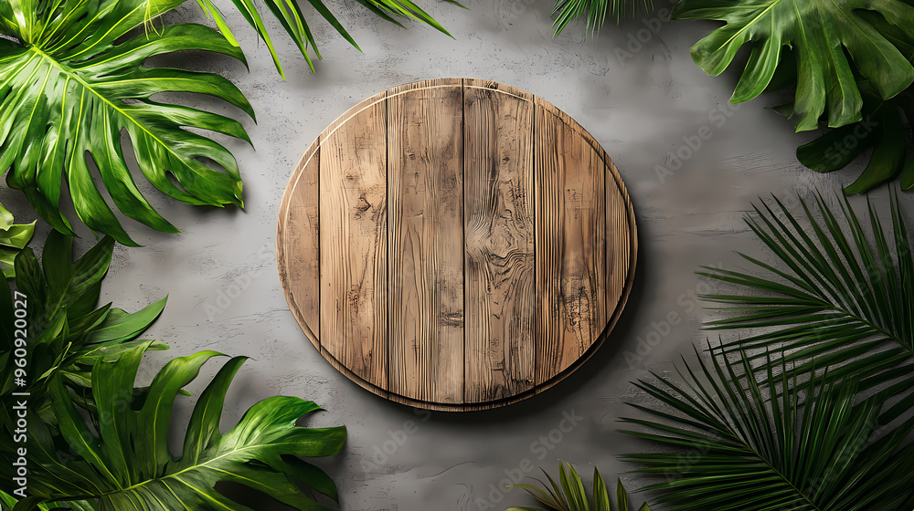 Wooden round tray surrounded by green plants Wooden round tray surrounded by green plants