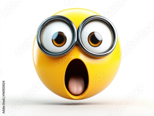 Surprised yellow emoji with oversized glasses expressing astonishment on a bright white background