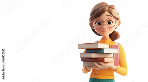 3D render of a teacher with glasses, holding a stack of books, with a white background.