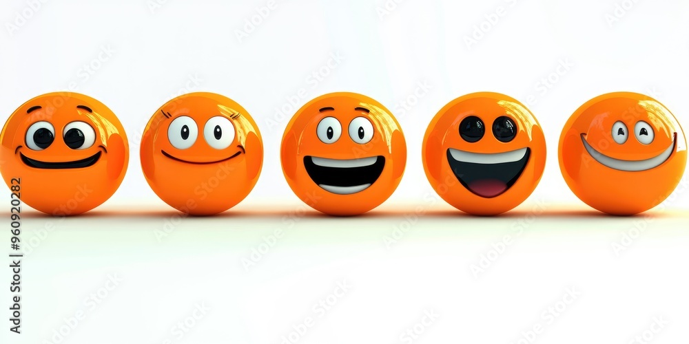 Obraz premium Expressive orange smiley faces displaying a variety of emotions on a bright white background during a creative design session