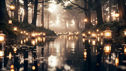 Mystical Forest Clearing Illuminated by Lanterns for Mid Autumn Festival - Enchanting Background with Soft Light Filtering Through Trees, Wide Shot Focus on Clearing and Lanterns, Reflective Setting