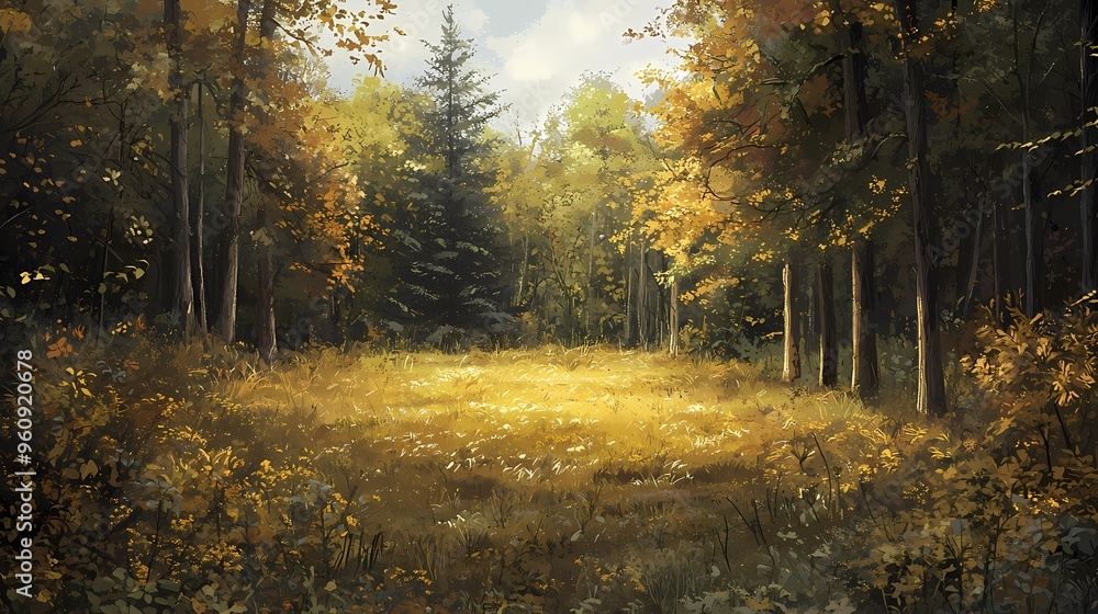 Serene autumn forest with golden grass and vibrant foliage. Serene autumn forest with golden grass and vibrant foliage.