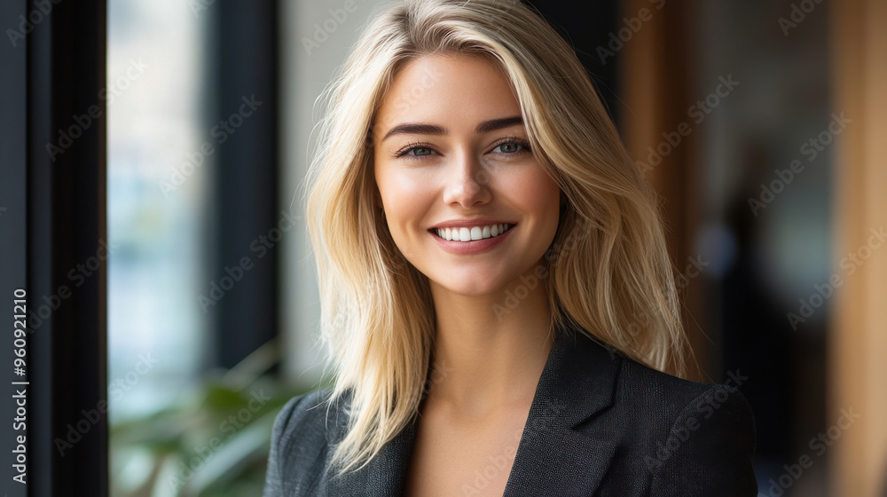 A blonde businesswoman smiling as she steps out of her office, ready to embrace new A blonde businesswoman smiling as she steps out of her office, ready to embrace new