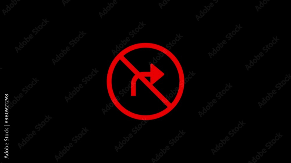 No turn right icon in red circle style animated on a dark black background. No right turn icon in red circle style featuring animated visuals. No turn right icon in red circle style animated on a dark black background. No right turn icon in red circle style featuring animated visuals.