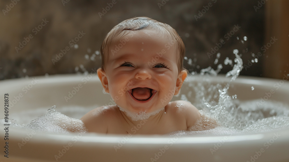 A baby happy bath time, a child laughing in bath tub A baby happy bath time, a child laughing in bath tub