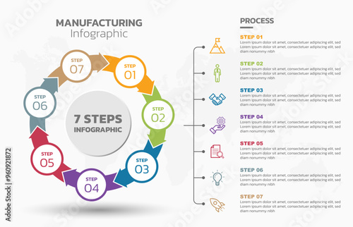 Visual data presentation. Cycle diagram with 7 options. Pie Chart Circle Infographic template with 7 steps, options, parts, segments. Business concept. Editable pie chart with sectors. Single layer.