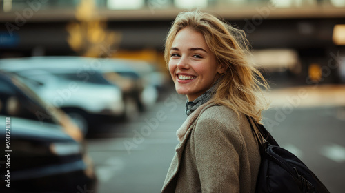 A cheerful blonde businesswoman leaving her job with a smile, walking toward the parking