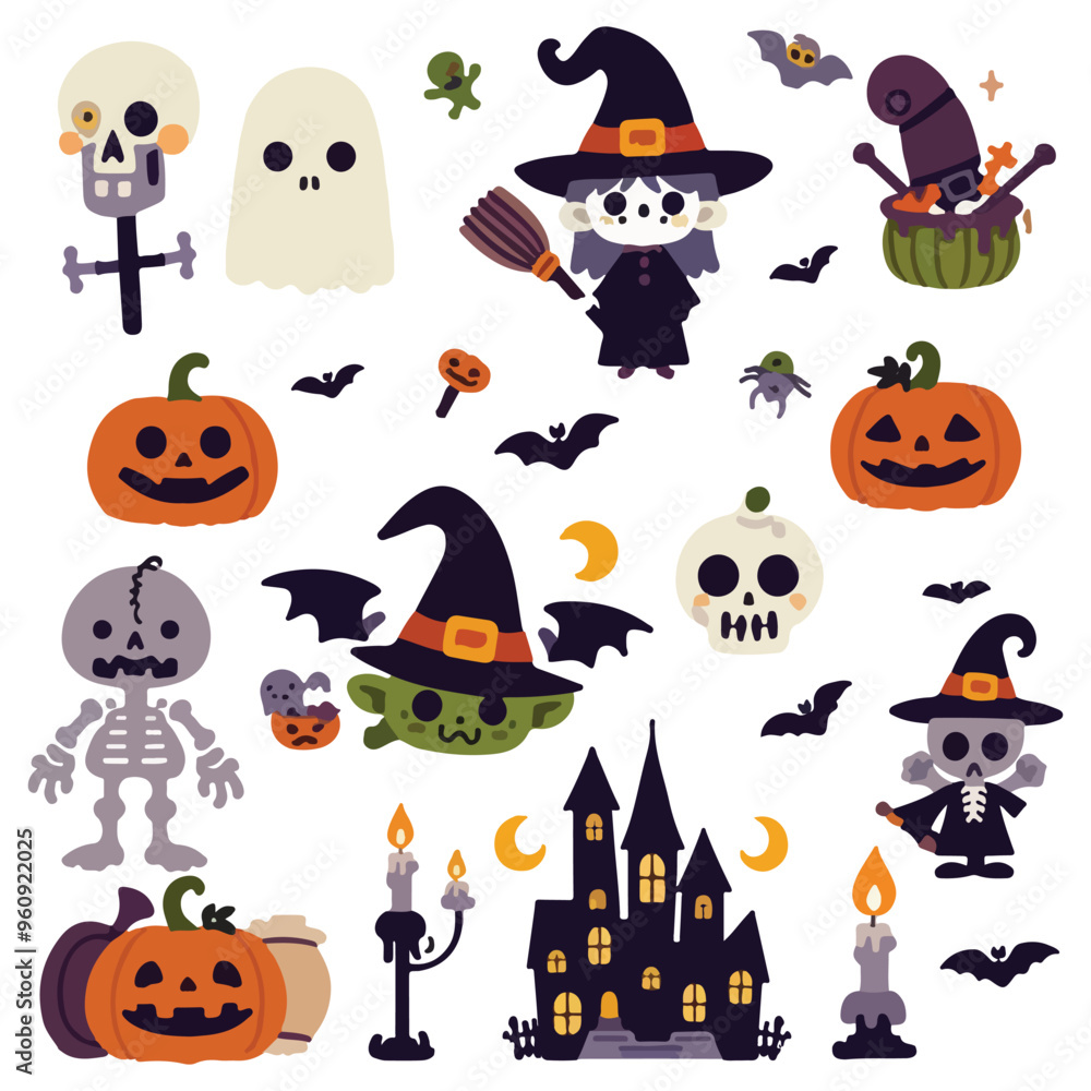 Fototapeta premium Happy Halloween Day element background vector. Cute collection of spooky ghost, pumpkin, bat, skull, candle. Adorable halloween festival illustration elements for decoration, prints.