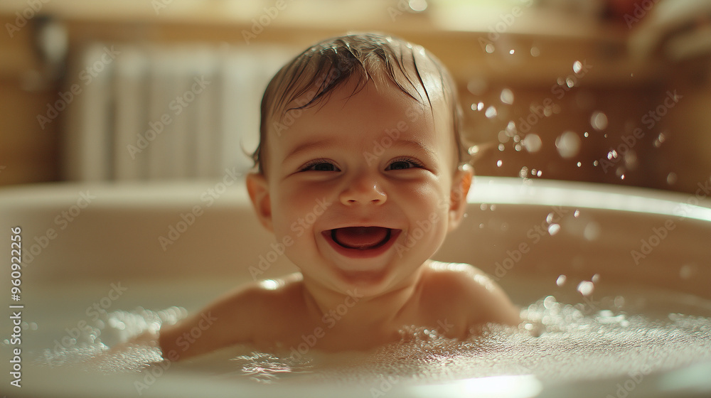 A baby happy bath time, a child laughing in bath tub A baby happy bath time, a child laughing in bath tub