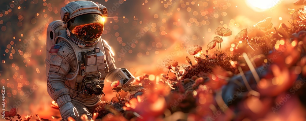 Astronaut Exploring Alien Planet with Vibrant Flora and Glowing Sunset in the Background Astronaut Exploring Alien Planet with Vibrant Flora and Glowing Sunset in the Background