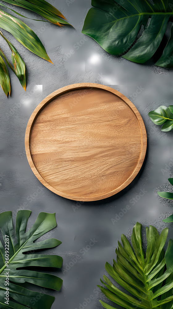 Wooden round tray surrounded by green plants Wooden round tray surrounded by green plants