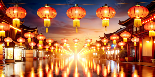 Glossy Lantern Festival Street Background - Vibrant Atmosphere with Glowing Lanterns Creating a Festive Scene at Dusk. Wide Shot of Entire Street Illuminated in Soft Lighting for Stock Photo Concept