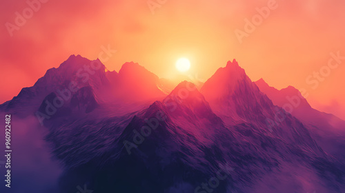 Rugged mountain range bathed in glow of a double sunset. Mountain Range. Illustration