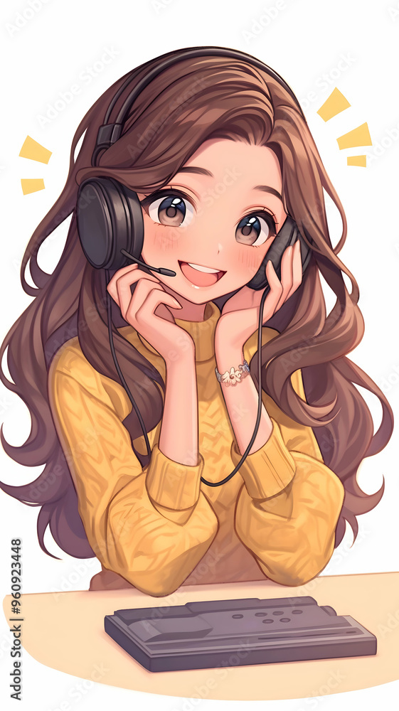 Happy anime girl with headphones smiling and sitting at a desk. Happy anime girl with headphones smiling and sitting at a desk.