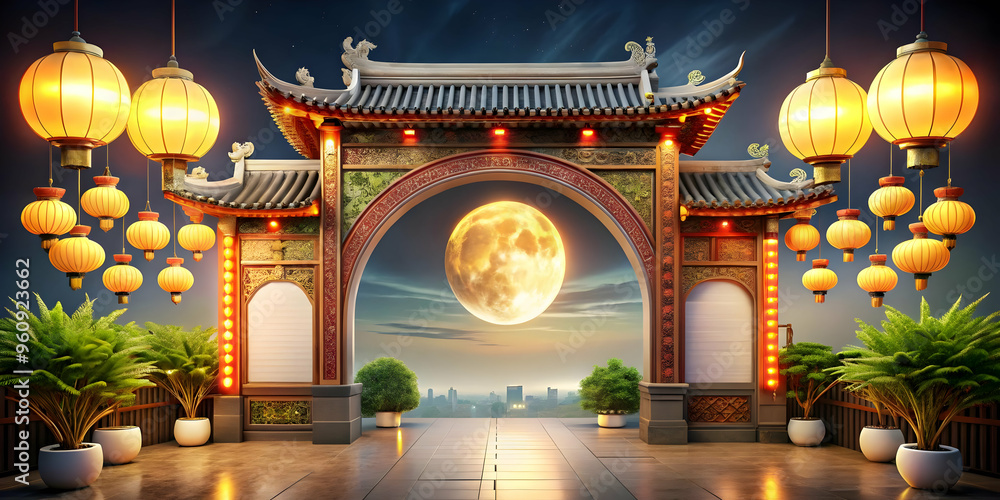 Moon Gate Illuminated by Lanterns for Mid Autumn Festival Celebrations, Symbolic and Reflective Setting Captured in Wide Shot with Soft Light Filtering Through, Ideal for Seasonal Concepts and Cultura Moon Gate Illuminated by Lanterns for Mid Autumn Festival Celebrations, Symbolic and Reflective Setting Captured in Wide Shot with Soft Light Filtering Through, Ideal for Seasonal Concepts and Cultura