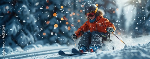 Child Skiing Down Snowy Slope in Winter Wonderland with Bokeh Lights in Background