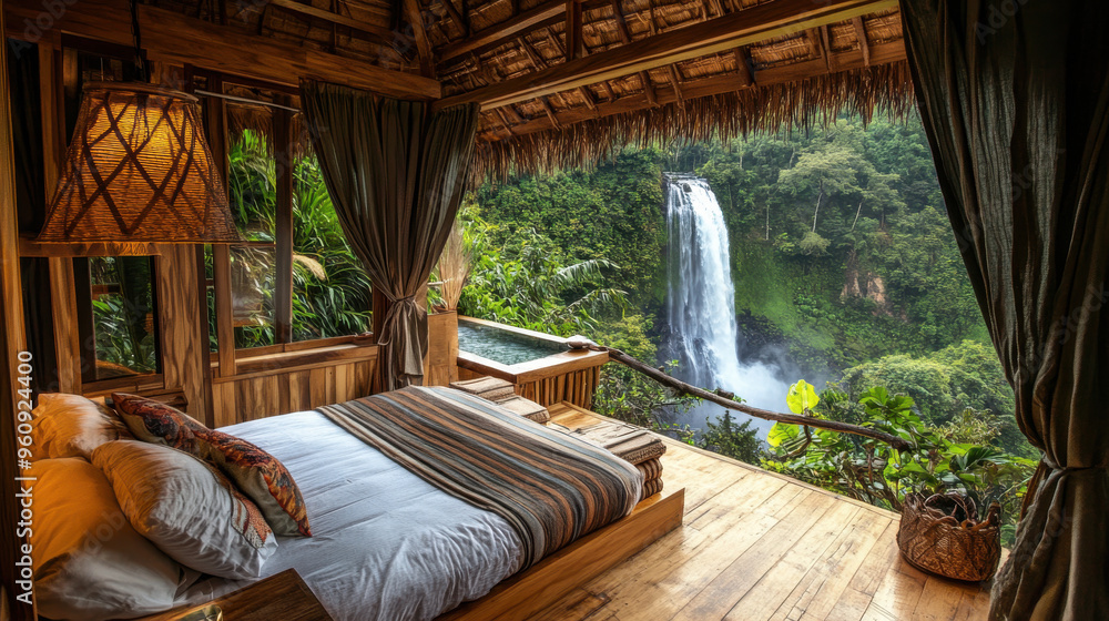 A luxurious room with a panoramic view of cascading waterfalls, surrounded by lush A luxurious room with a panoramic view of cascading waterfalls, surrounded by lush